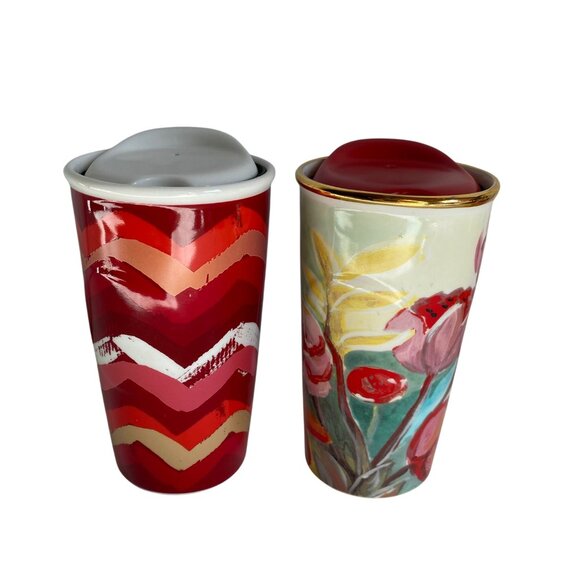 Starbucks Ceramic Travel Mugs Set Of 2 Chevron & Floral Designs W/ Silicone Lids - Picture 2 of 6